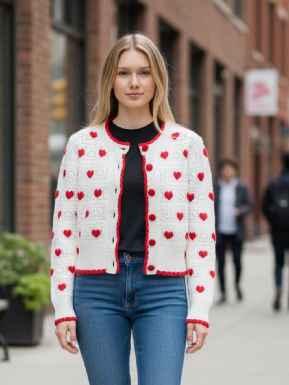 NWT Cream Red Heart Knit Cardigan Red Buttons & Trim Heart Pattern Sweater Small